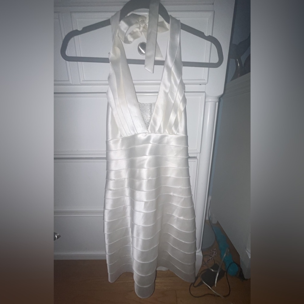 BCBG Ivory (PCS64536) SATIN TIERRED LAYER BODYCON HALTER DRESS *with lace insert